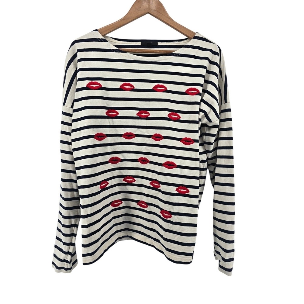 J.Crew Top Womens L Nautical‎ Striped Red Lip Embroidery Ivory Navy EUC